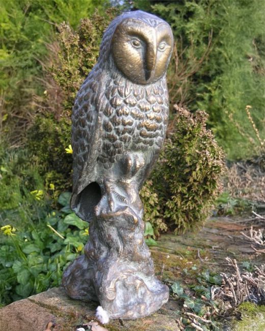 Aged Bronze Sitting Owl Garden Sculpture