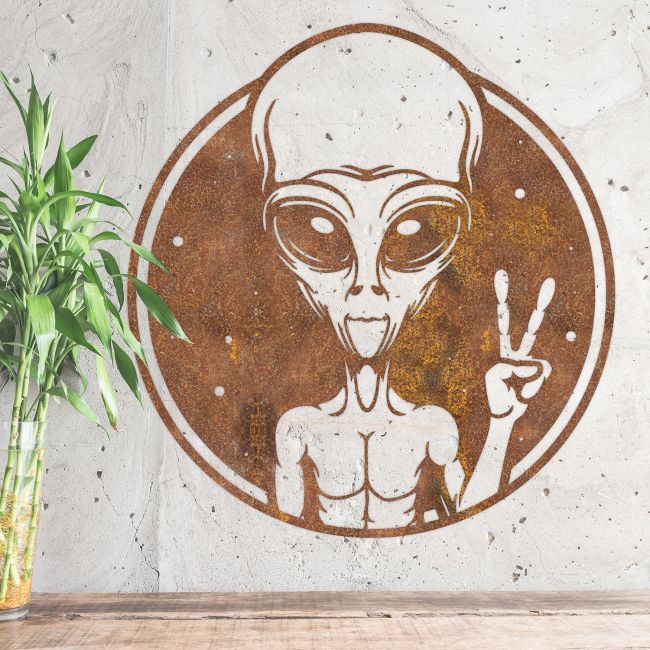 Peace Sign Alien Wall Art in Situ on a Grey Wall