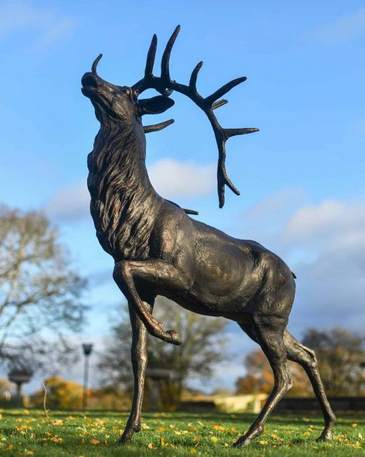 Antique Bronze "Regiment" Roaring Stag Garden Sculpture on Stand