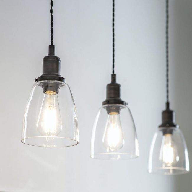 Antique Bronze Steel Trio Domed Cone Hanging Lights in Situ Antique Bronze Steel Trio Domed Cone Hanging Lights in Situ