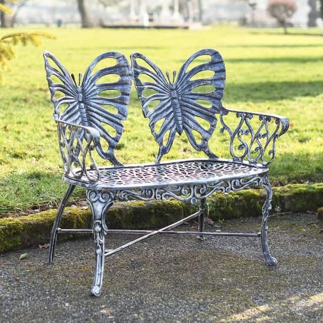 Antique Silver Butterfly Design Two Seater Bench - Thumbnail Antique Silver Butterfly Design Two Seater Bench - Thumbnail