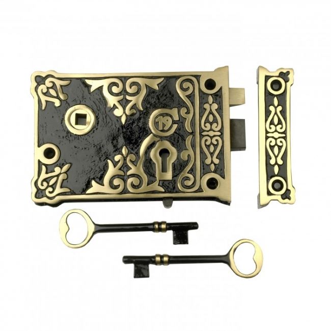 Ornate Victorian Style Rim Lock With Two Keys