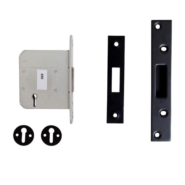 64mm Dead Lock Finished in Black With Two Escutcheons 64mm Dead Lock Finished in Black With Two Escutcheons