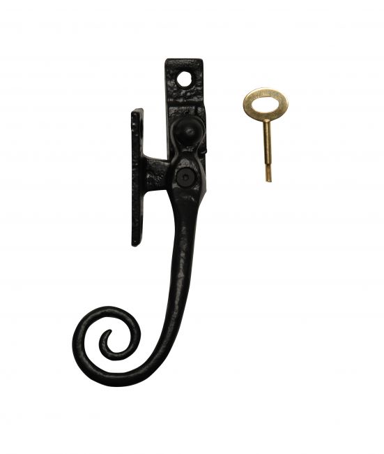 Black Iron Monkey Tail Wedge Window Casement Fastener With Locking Pin - Left Hand Black Iron Monkey Tail Wedge Window Casement Fastener With Locking Pin - Left Hand
