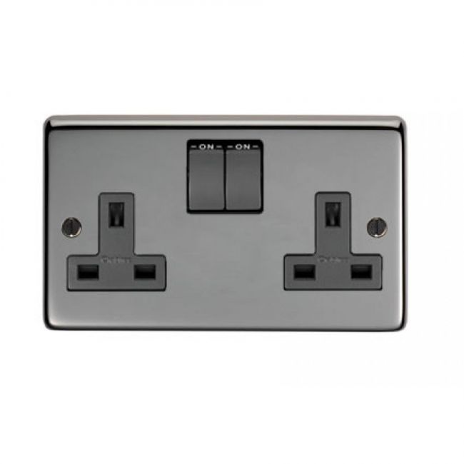 13 Amp Double Plug Socket with Switch Finished in a Black Nickel