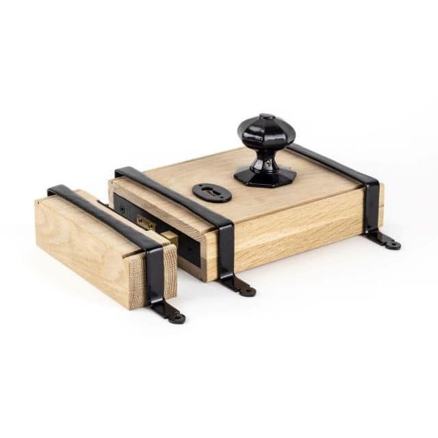 Oak & Black Iron Rim Lock and Knob set