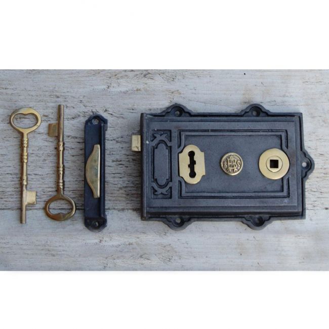 Ornate Rim Lock in Cast Iron & Polished Brass