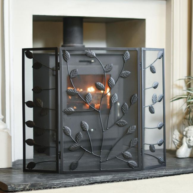 Black Rectangular Three Fold Fire Guard with Leaf Pattern