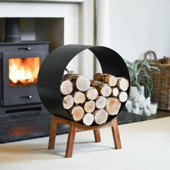 Black Round Steel "Barrel" Log Holder with Wooden Legs