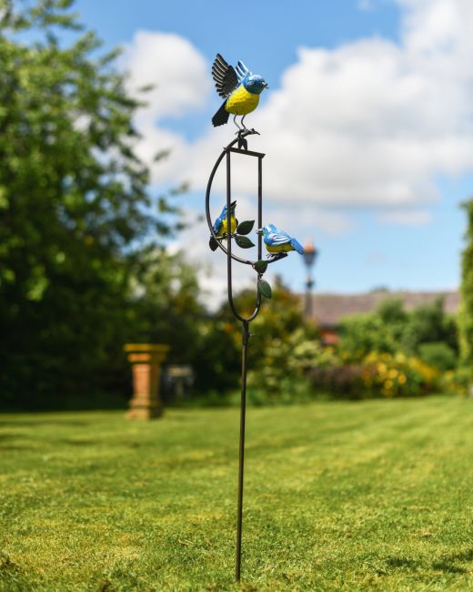 Blue tit family garden metal rocker bird stake