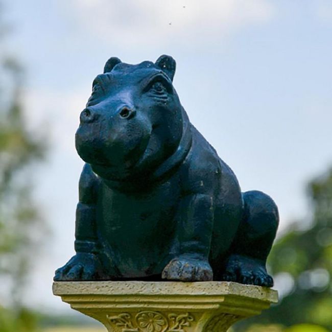 Cast Iron Black Hippo Sculpture in Situ on a Plinth