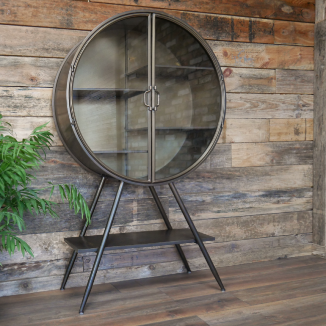 Circular Industrial Freestanding Cabinet with Glass Doors