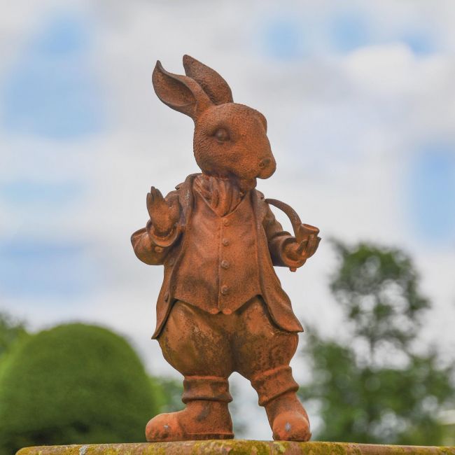 Rustic Cast Iron Hare with Pipe Sculpture Rustic Cast Iron Hare with Pipe Sculpture