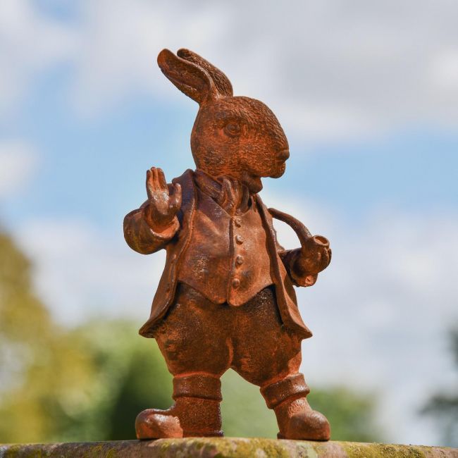 Rustic Cast Iron Hare with Pipe Sculpture-Small Rustic Cast Iron Hare with Pipe Sculpture-Small