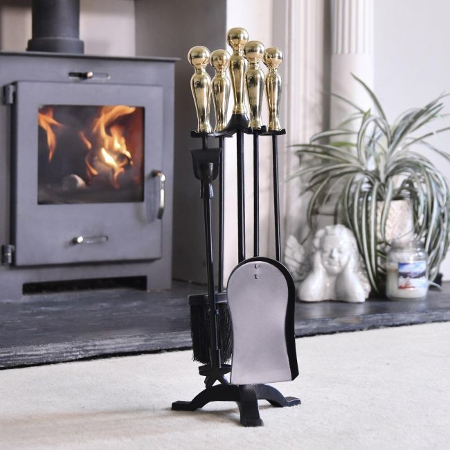 Traditional Polished Brass & Black Companion Set 56cm Traditional Polished Brass & Black Companion Set 56cm
