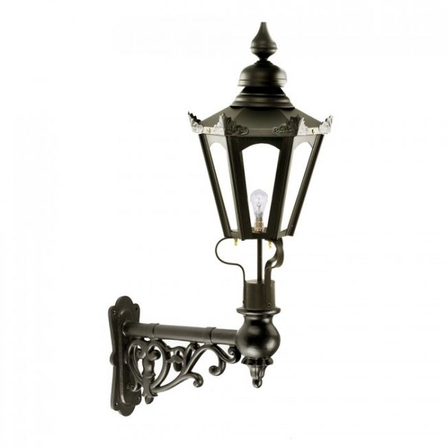 Black Concordia Hexagonal Lantern on an Ornate Capella Bracket Black Concordia Hexagonal Lantern on an Ornate Capella Bracket