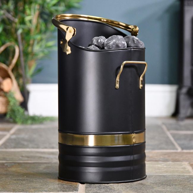 Contemporary Black Coal Hod With Brass Handles Holding Coal Contemporary Black Coal Hod With Brass Handles Holding Coal