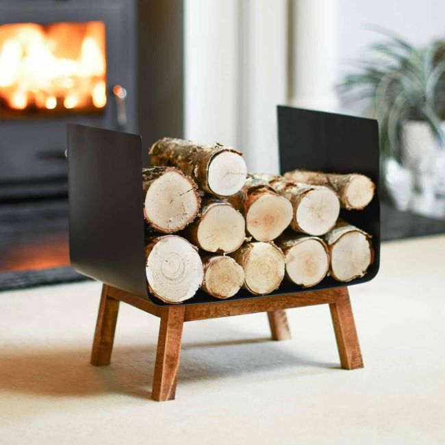 Contemporary Black Steel & Wooden Log Holder