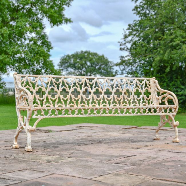 Antique Cream "Quatrefoil" Victorian Cast Iron Three Seat Bench Antique Cream "Quatrefoil" Victorian Cast Iron Three Seat Bench
