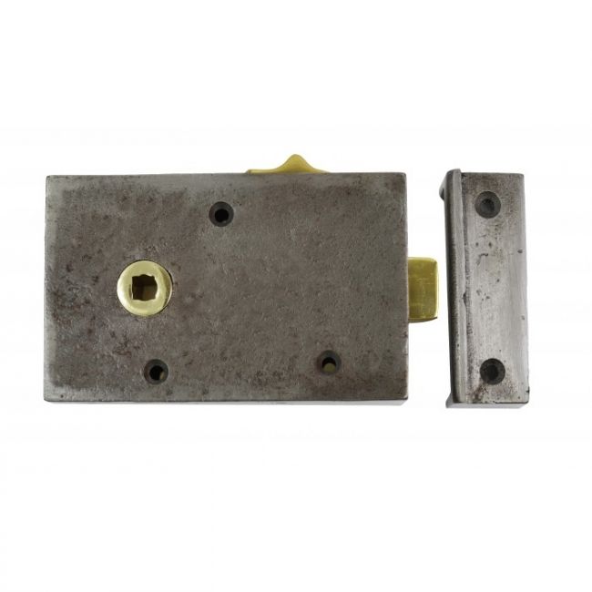 Cast Iron Rim Lock With Brass Draw Bolt & Keeper Plate Cast Iron Rim Lock With Brass Draw Bolt & Keeper Plate