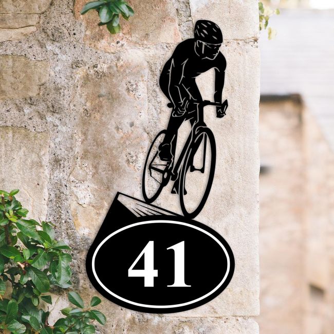 Bespoke Cyclist Iron House Number Sign in Situ Bespoke Cyclist Iron House Number Sign in Situ