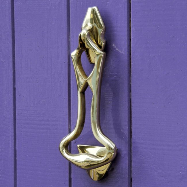 Polished Brass Art Deco Door Knocker on Purple door Polished Brass Art Deco Door Knocker on Purple door