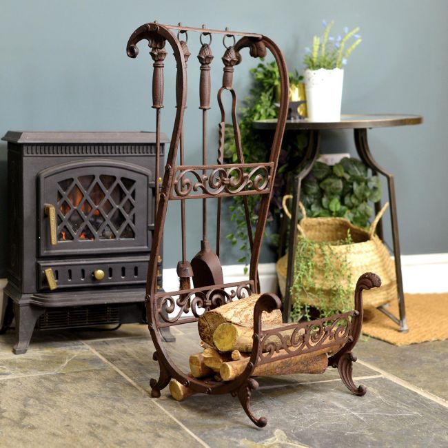 "Downton Abbey" Rustic Brown Log Store & Tools Created From Cast Iron "Downton Abbey" Rustic Brown Log Store & Tools Created From Cast Iron