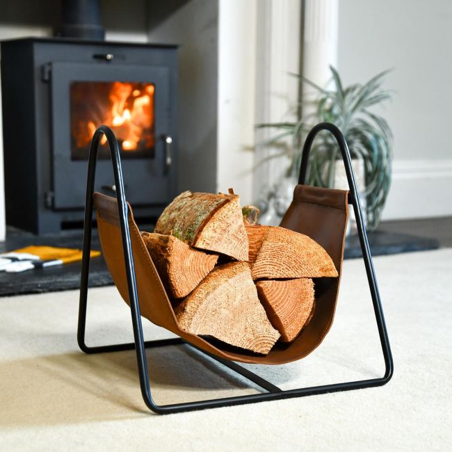 Black Steel & Brown Leather Log Holder Black Steel & Brown Leather Log Holder