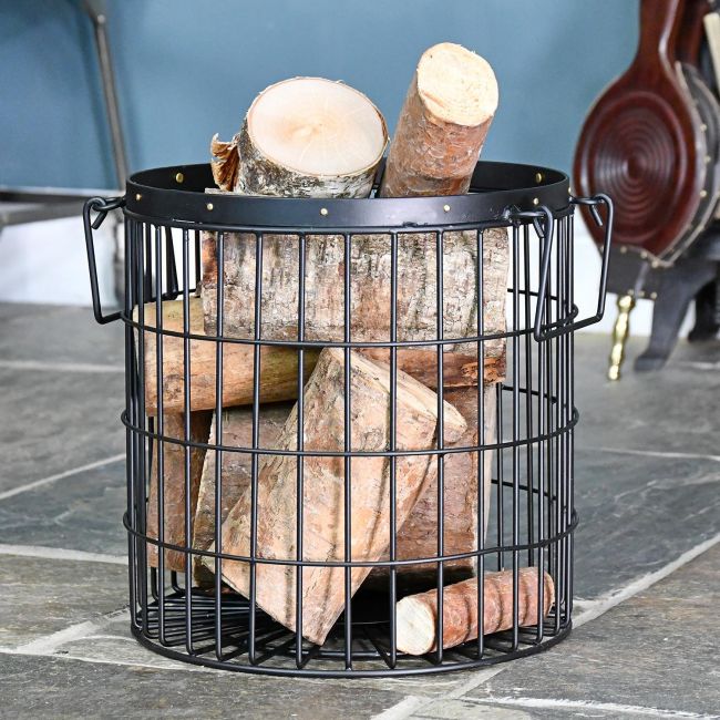 Black Wirework Fireside Log Basket In Living Room Setting Black Wirework Fireside Log Basket In Living Room Setting