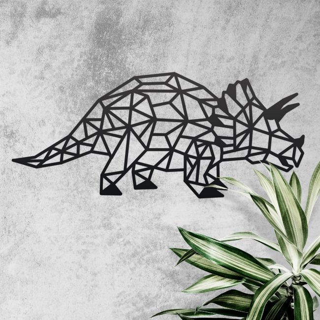 Geometric Iron Triceratops Wall Art on a Rustic Wall Geometric Iron Triceratops Wall Art on a Rustic Wall