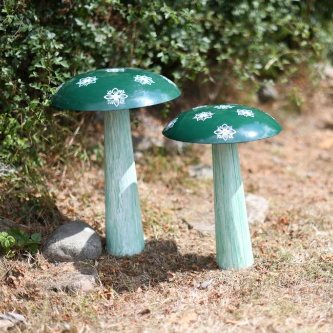 Green Hand Painted Mushroom Sculpture in Situ