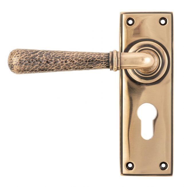 Hammered Polished Copper Lever Euro Door Handle Front Hammered Polished Copper Lever Euro Door Handle Front