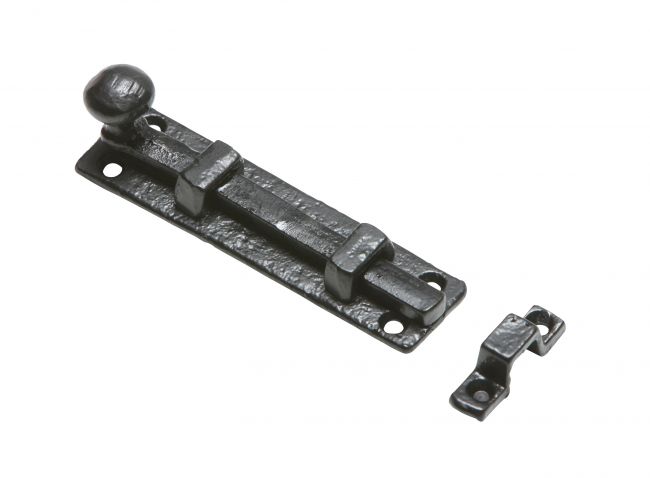 Heavy Duty Traditional Black Iron Straight Door Bolt - With Keeper Plate