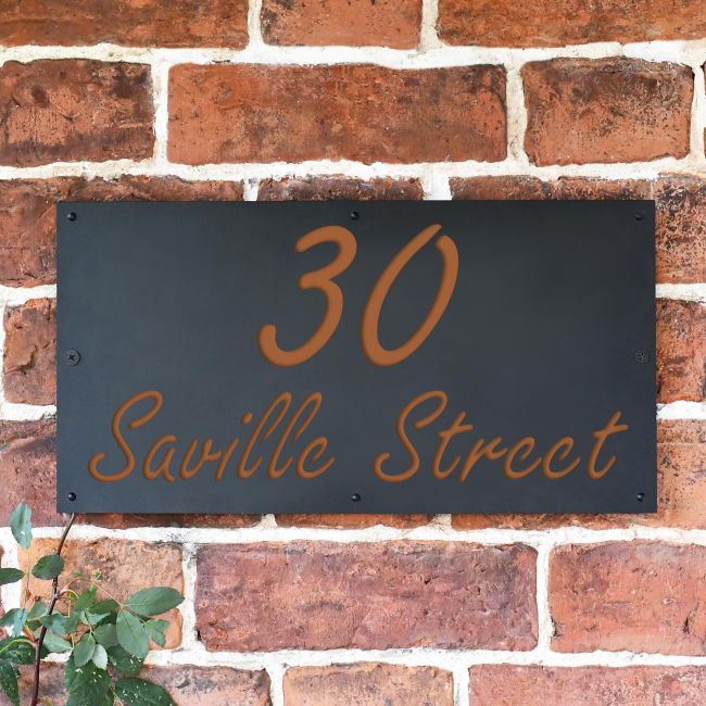 Orange Brown "Saville" House Sign in Situ on the Wall