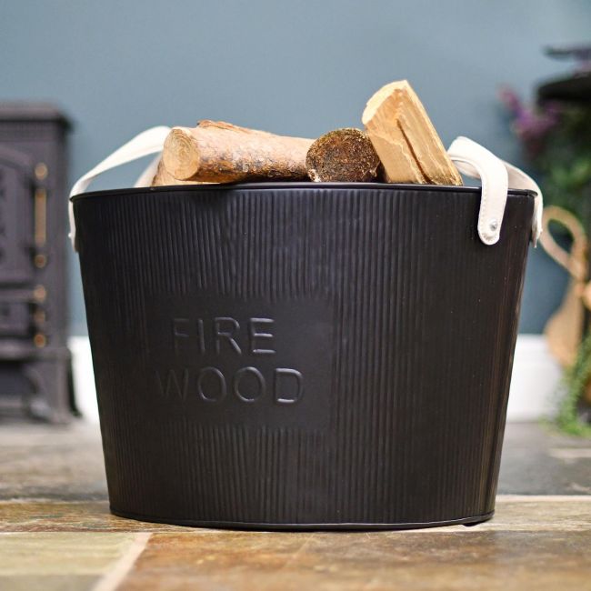 Large Black "Fire Wood" Log Basket Large Black "Fire Wood" Log Basket