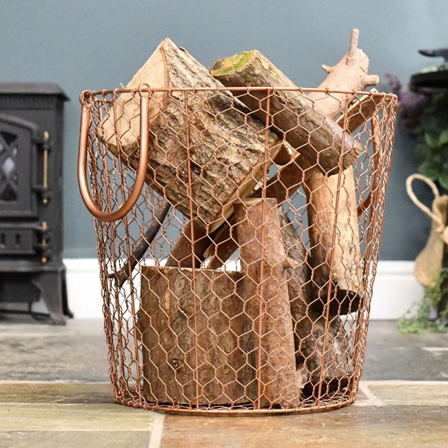 Rose Gold Wire Log Basket in Situ Rose Gold Wire Log Basket in Situ