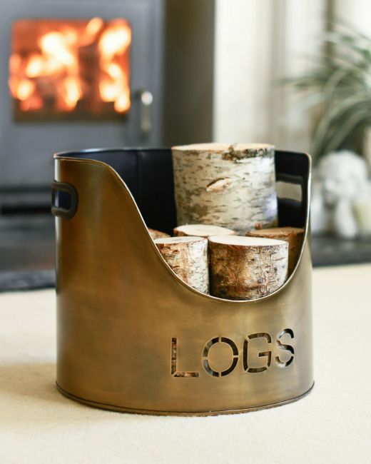 "LOGS" Log & Kindling Holder In Antique Brushed Gold Holding Logs
