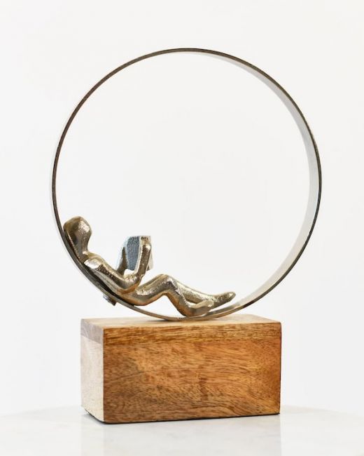 "Reading Around The World" Aluminium and Mango Wood Sculpture - Silver "Reading Around The World" Aluminium and Mango Wood Sculpture - Silver
