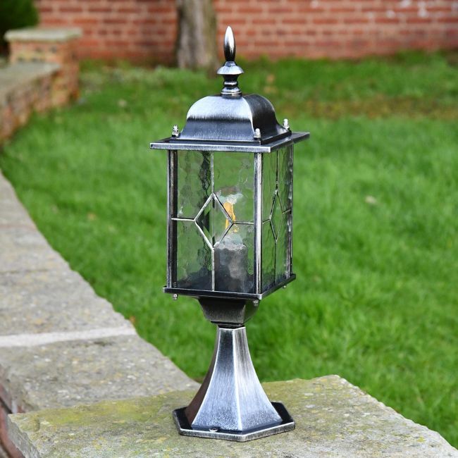 "Marsden" Leaded Glass Pillar Light in an Antique Silver FinishSilver "Marsden" Leaded Glass Pillar Light in an Antique Silver FinishSilver