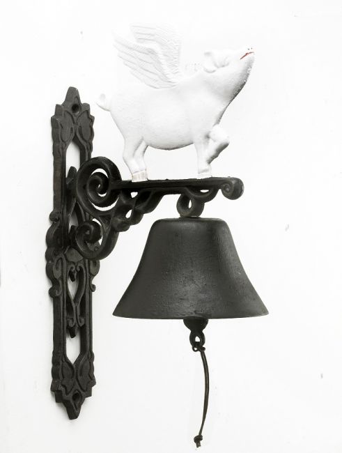 Cast Iron Hand painted Garden Bell - Bringing Home the Bacon Flying Pig Cast Iron Hand painted Garden Bell - Bringing Home the Bacon Flying Pig
