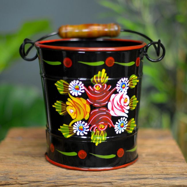 Black Hand Painted Bucket with Rose Design Black Hand Painted Bucket with Rose Design