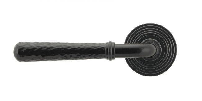 Midnight Black Hammered Unsprung Lever Door Handle on Beehive Rose Midnight Black Hammered Unsprung Lever Door Handle on Beehive Rose