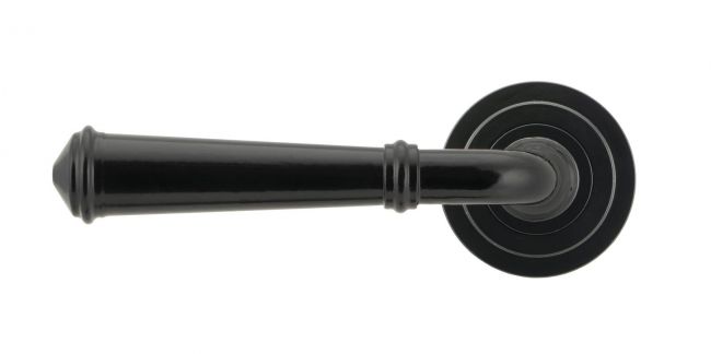 Midnight Black Unsprung Lever Door Handle on Art Deco Rose Front Midnight Black Unsprung Lever Door Handle on Art Deco Rose Front