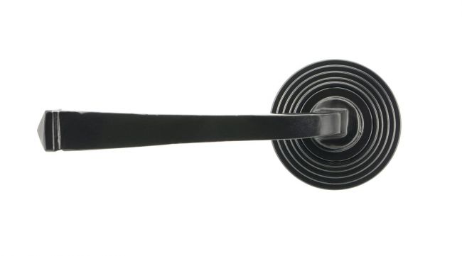 Midnight Black Unsprung Lever Door Handle on Beehive Rose Front Midnight Black Unsprung Lever Door Handle on Beehive Rose Front