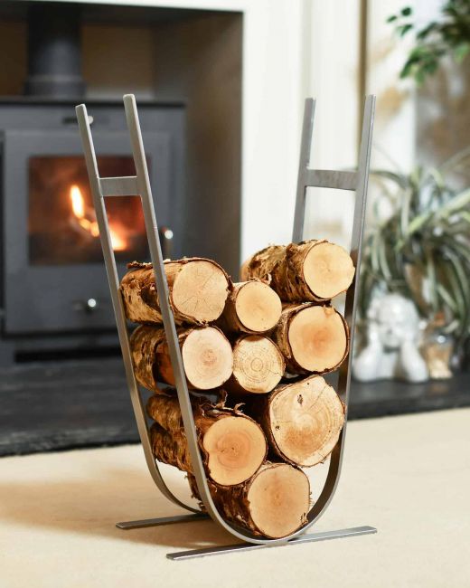 Minimalistic Antique Pewter Log Rack & Holder in Situ Minimalistic Antique Pewter Log Rack & Holder in Situ