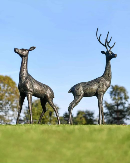 Pair of Cast Aluminium Freestanding "Fallow" Stag & Doe Garden Sculptures in Situ Pair of Cast Aluminium Freestanding "Fallow" Stag & Doe Garden Sculptures in Situ