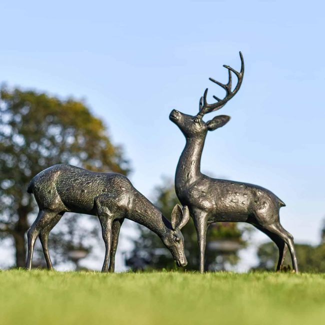 Pair of Miniature Aged Verdigris "Cherry & Blossom" Stag & Doe Garden Sculptures Pair of Miniature Aged Verdigris "Cherry & Blossom" Stag & Doe Garden Sculptures