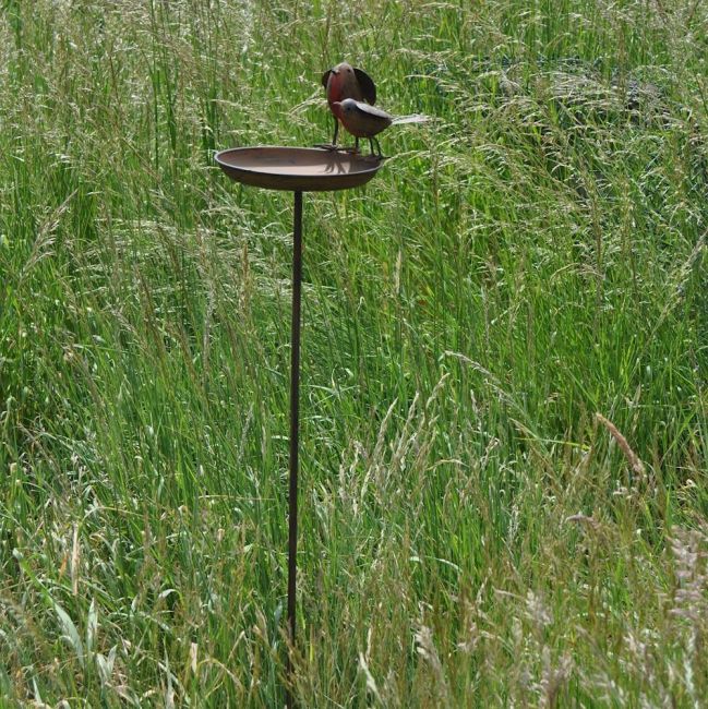 "Pair of Robins" Bird Bath Spike in situ in the Garden