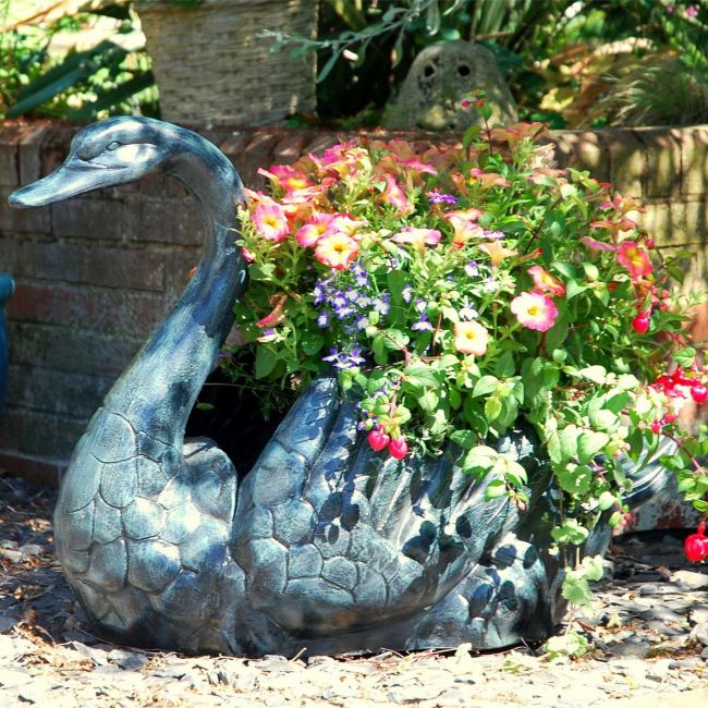 Swan Flower Planter in a Pale Verdigris Finish