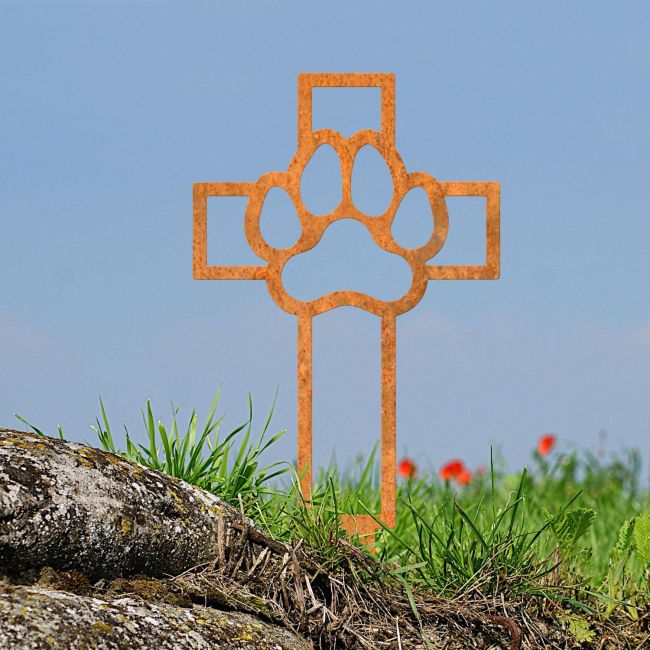 Paw Print on Cross Grave Marker Ground Spike in Rustic Finish Paw Print on Cross Grave Marker Ground Spike in Rustic Finish